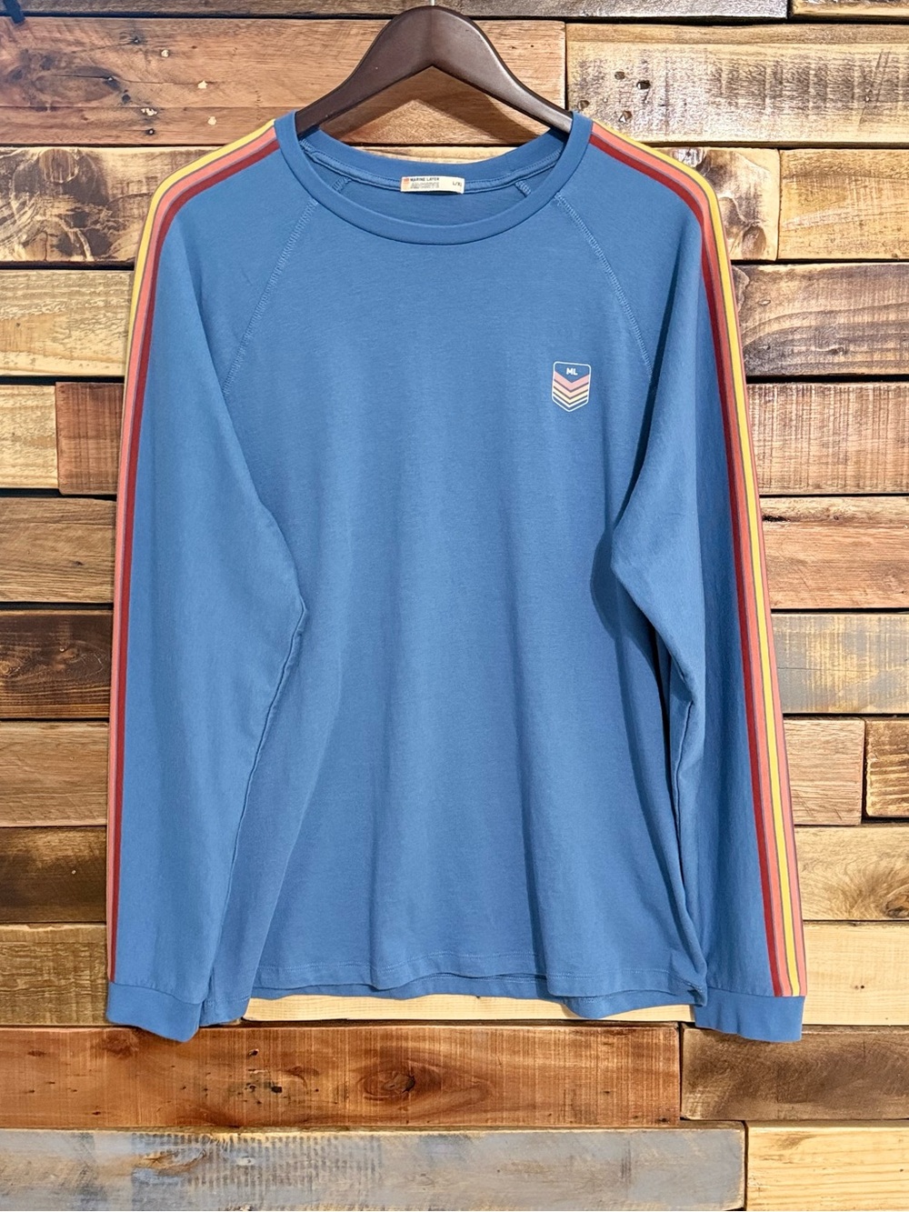 Marine Layer Archive Sleeve Stripe Long Tee Mens L/XL Harbor Blue Raglan Classic